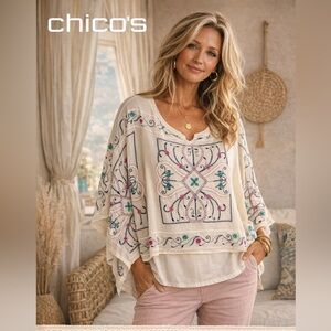 Chico's Blouse Cream,Kimono Sleeve Floral Embroidered 2-Layer,Chicos Size Med